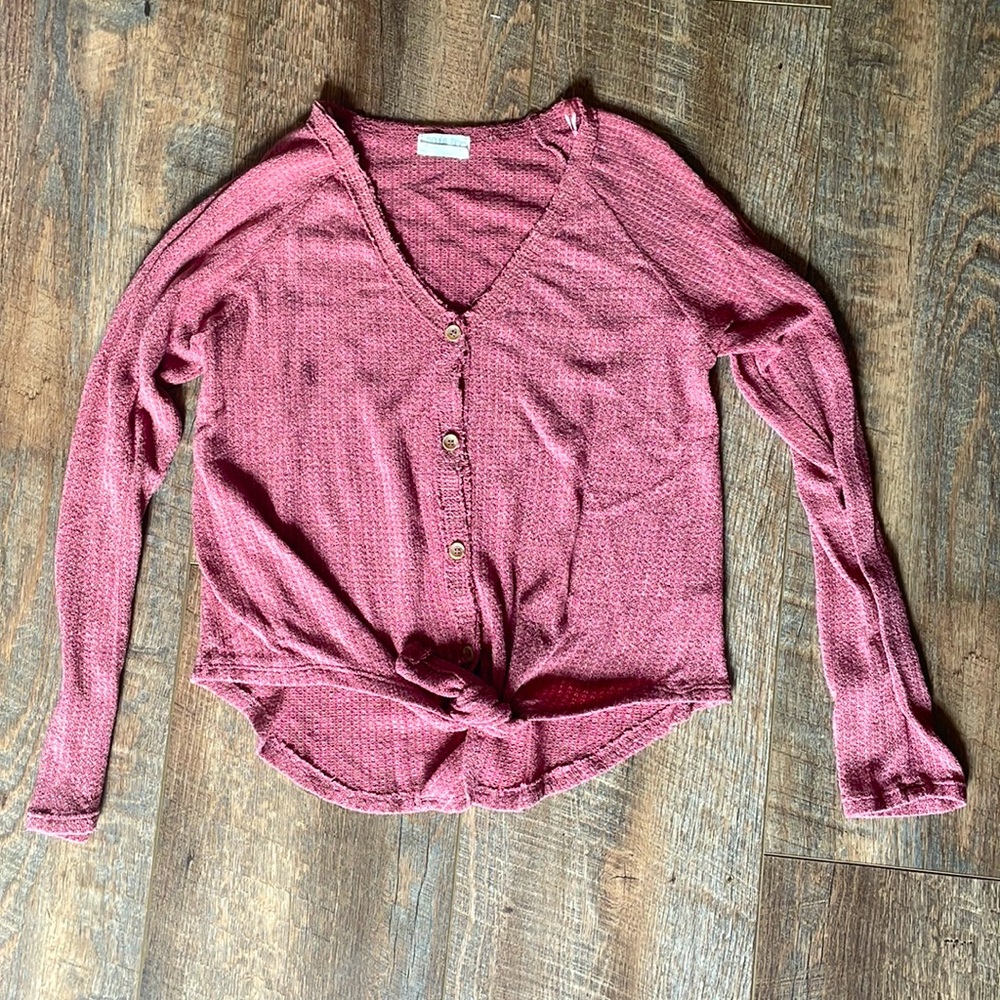 Waffle Knit Front Tie Long Sleeve Shirt